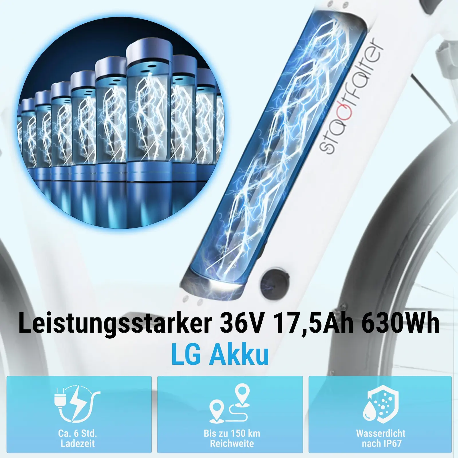 City E-Bike Stadtfalter B14 – 28 Zoll – Weiß - Antrieb und Akku
