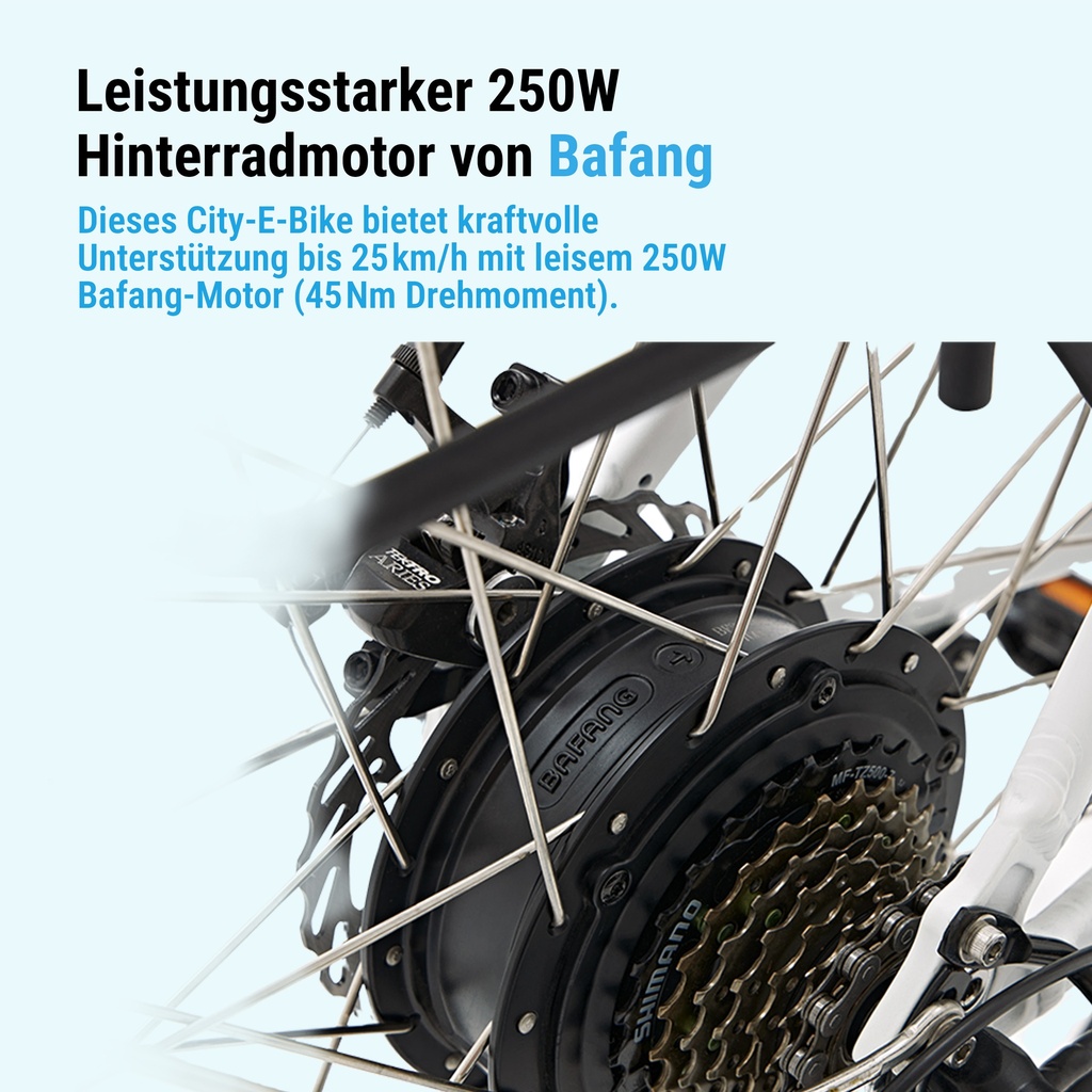 AsVIVA City E-Bike B15 – 28 Zoll – Weiß - Antrieb und Akku