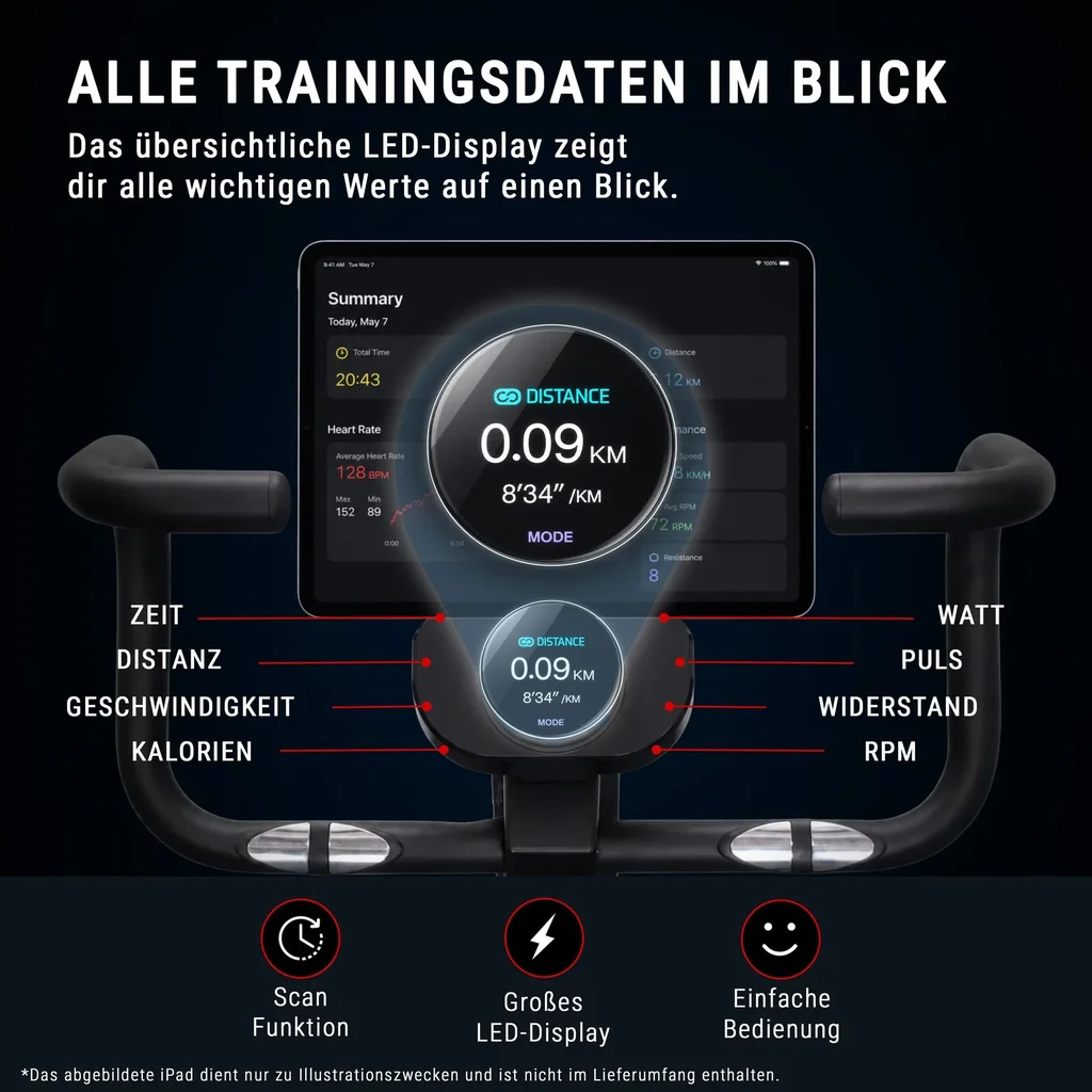 LED-Display des AsVIVA H12 mit Zeit, Distanz, Geschwindigkeit, Kalorien, Watt, Puls, Widerstand und Trittfrequenz