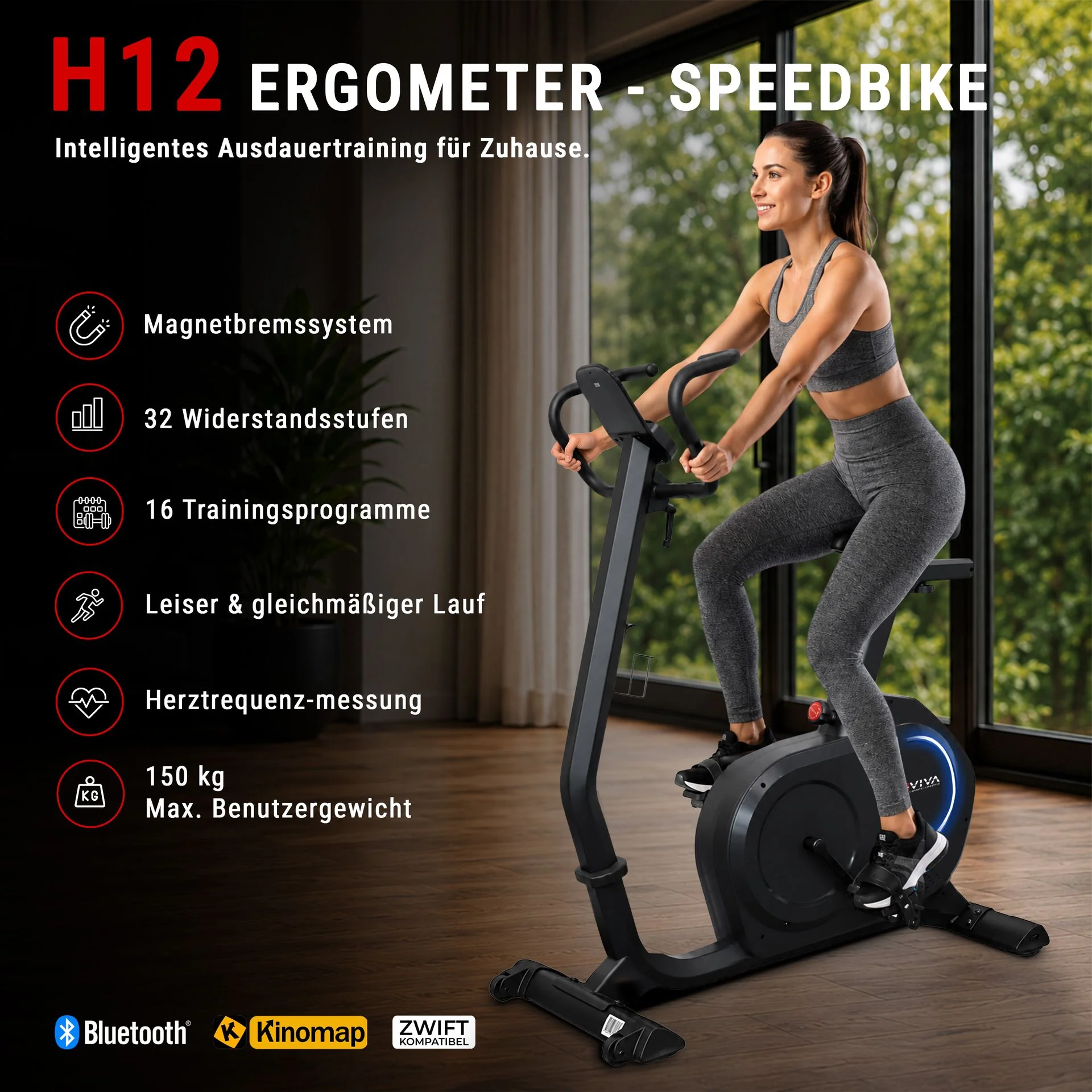 AsVIVA Ergometer Speedbike H12 – Magnetbremssystem, 32 Widerstandsstufen, 16 Trainingsprogramme, bis 150 kg
