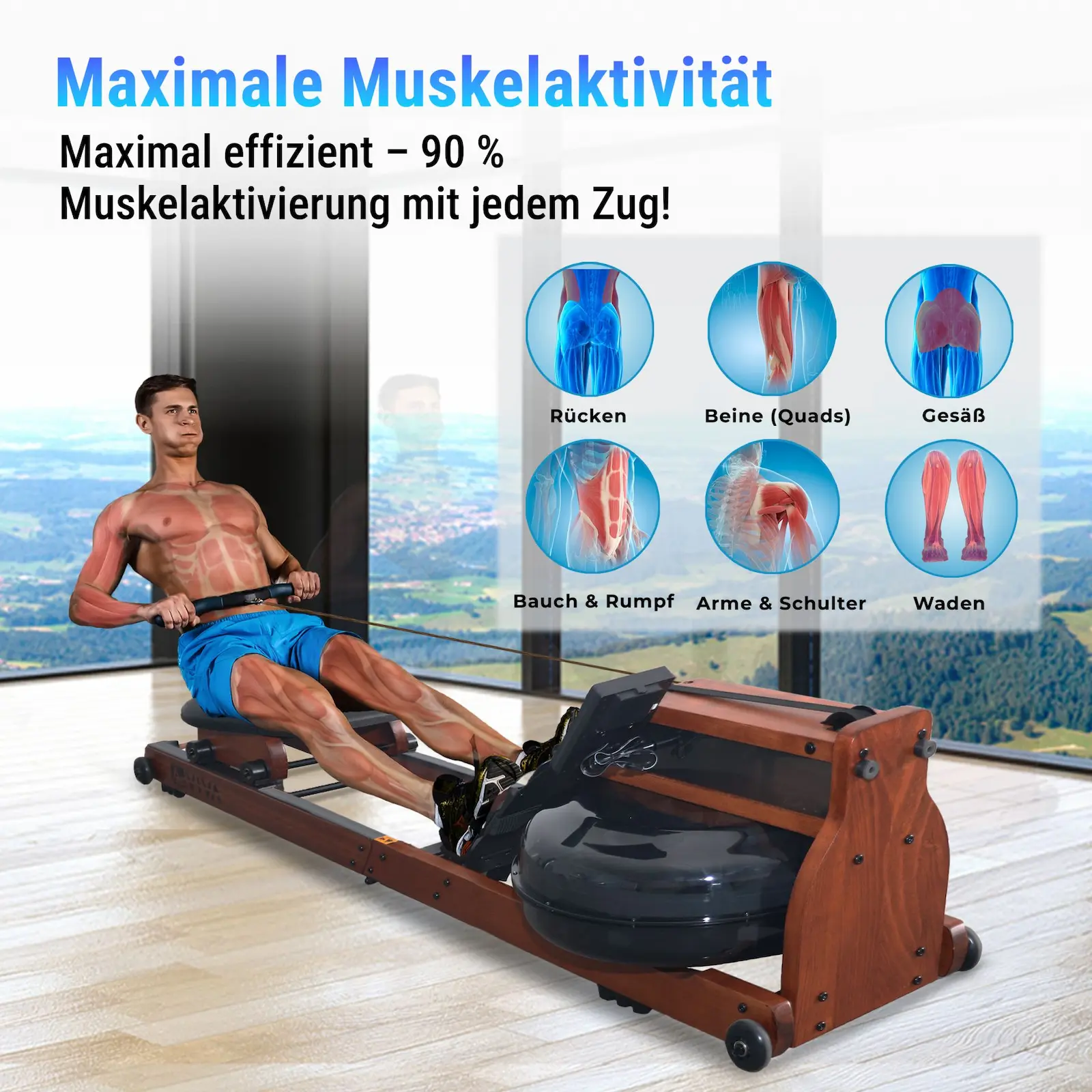 AsVIVA Wasser-Rudergerät RA18 Pro - Trainingsansicht